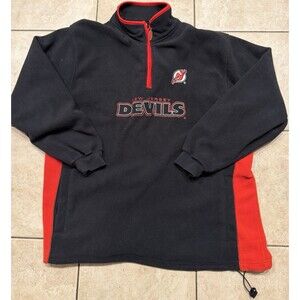 Vintage New Jersey Devils Sweater Quarter Zip Pull Over Lee Sport Black Red y2k